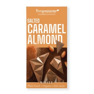 Органско безглутенско бело чоколадо со солена карамела и бадеми - 60 гр.
